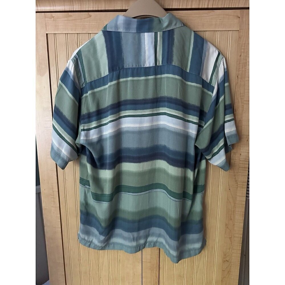 Tommy Bahama Watercolor Stripe Blue Green Medium Button Up Shirt Silk & Cotton - Picture 2 of 3